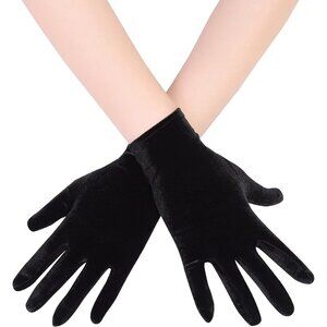 Women's Deep Black Velvet Short Satin Gloves Style Wrist Flapper Banquet